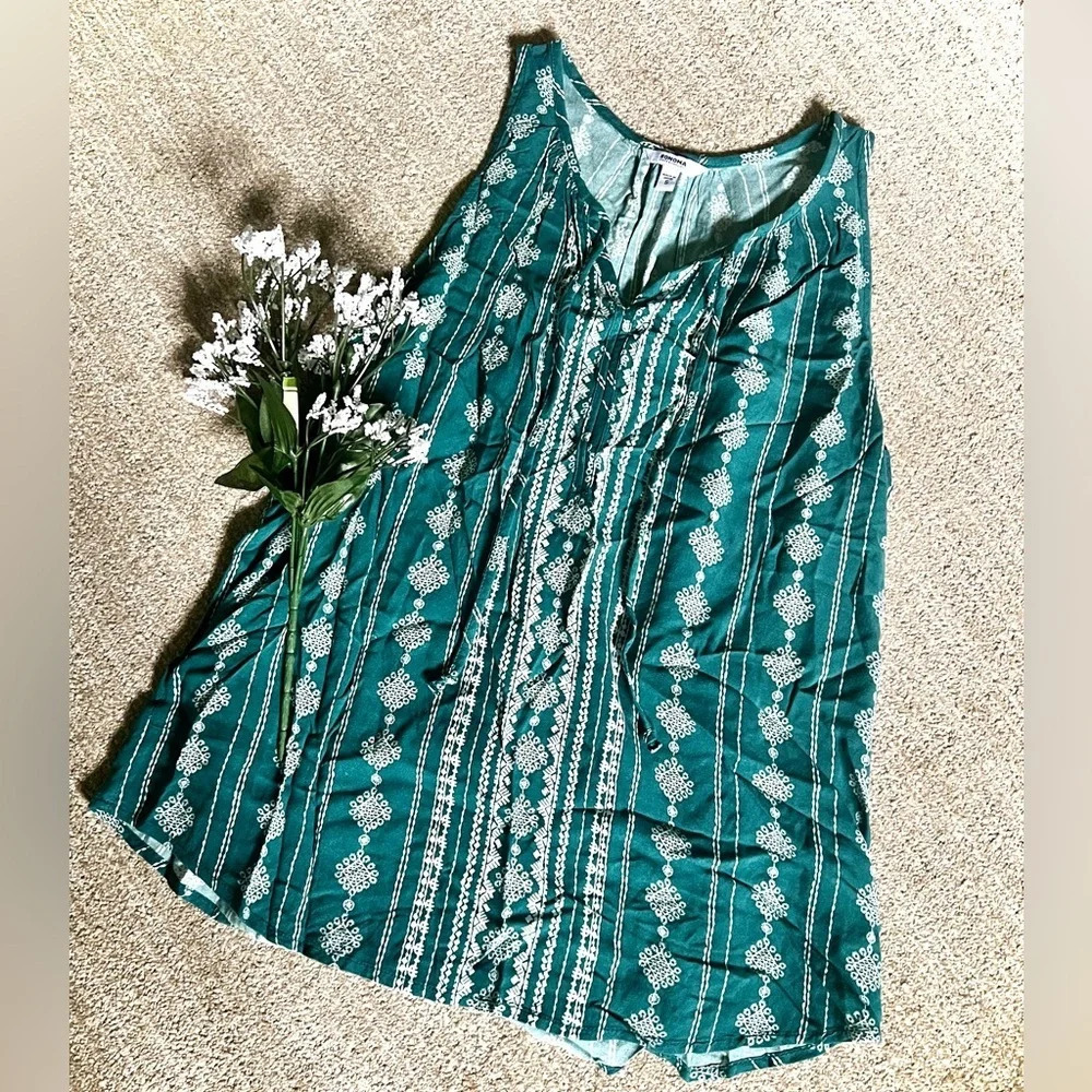 Sonoma Teal Printed Tie Neck Tanp Top - Small